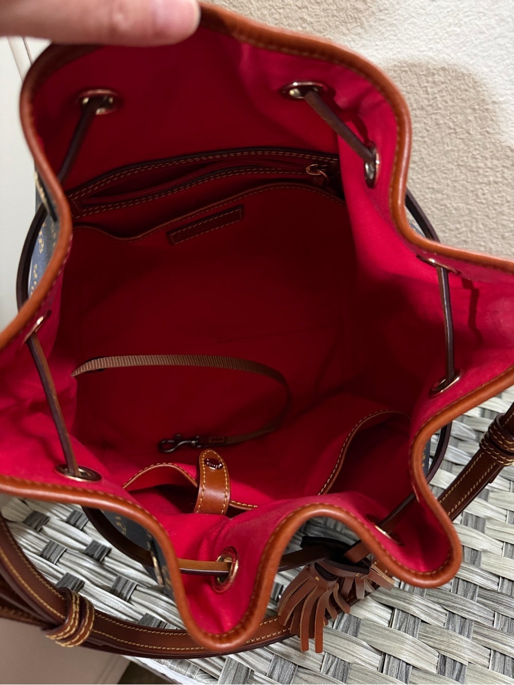 Dooney & Bourke Gretta Navy and Brown Monogram Drawstring Bucket Bag - Picture 10 of 14